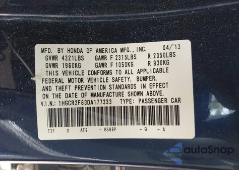 2013 Honda Accord Ex-L from USA, damaged, VIN 1HGCR2F83DA177333